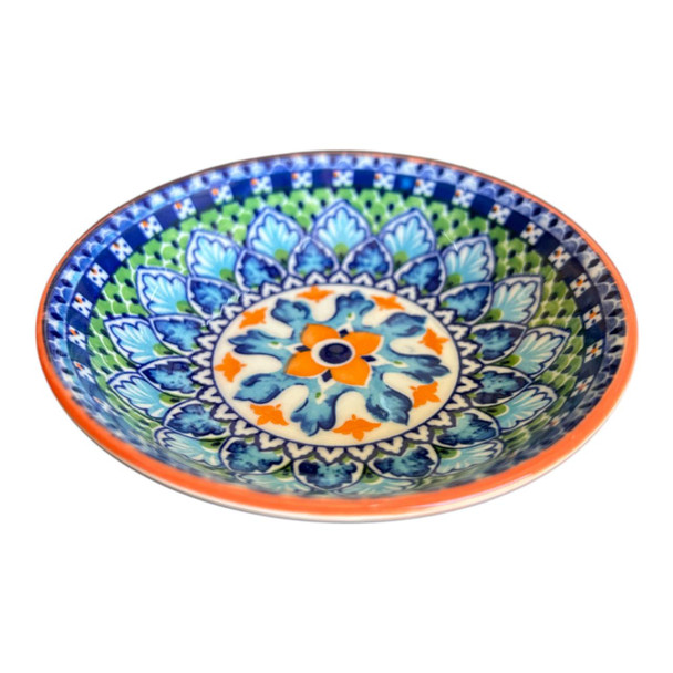 ZY001K Small Ceramic Flat Bowl - Blue Green Orange Mandala
