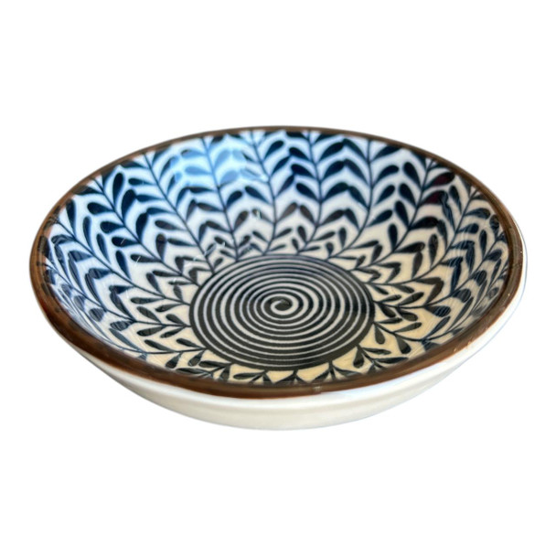 ZY034F Tiny Ceramic Bowl - Blue Leaves Vines