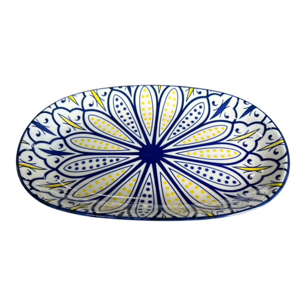 ZY008D Ceramic Oval Plate - Blue Flower Yellow Dots