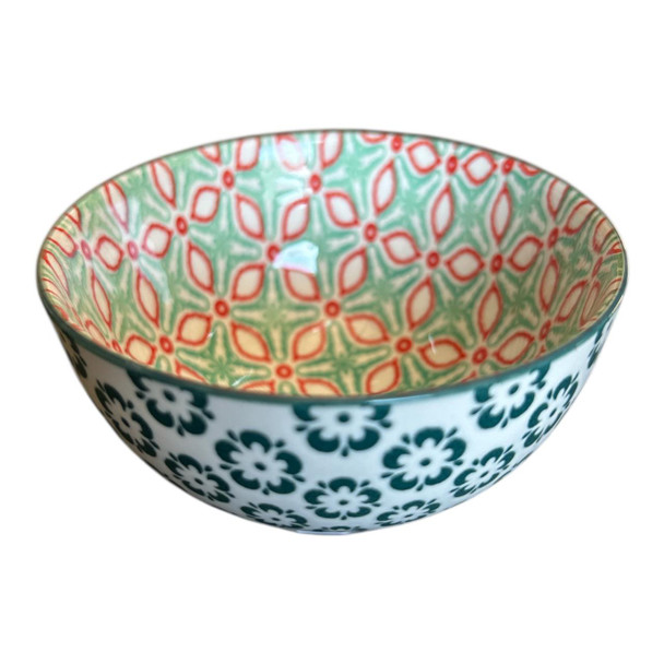 ZY059J Mini Ceramic Bowl - Red And Green Grids, Green Flowers