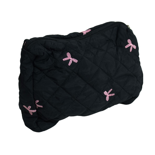 MUBHY8C Black Quilted Cosmetic Bag with Pink Embroidery