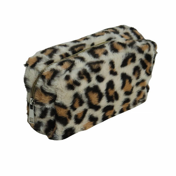 MUBHY9B Faux Fur Leopard Print Cosmetic Bag – White & Tan
