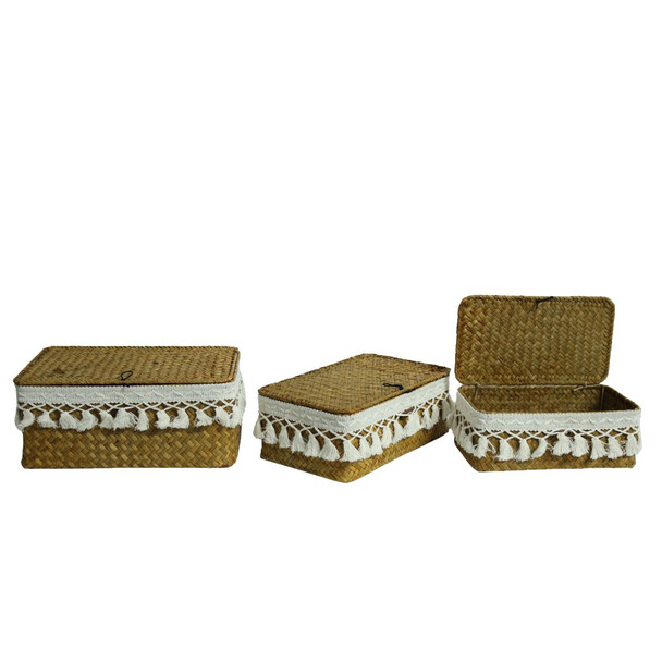GY013 White Tassel Trim Rectangle Baskets (Set of 3)