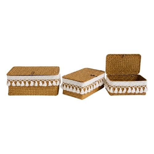 GY013 Set of 3 Woven Storage Basket Set with Lid & Tassel Trim