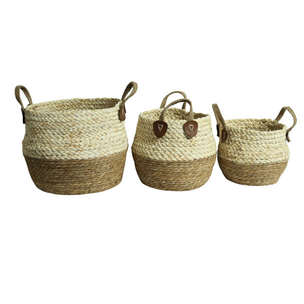 GY201 Basket Set Of 3 - Two-Tone Woven with Handles