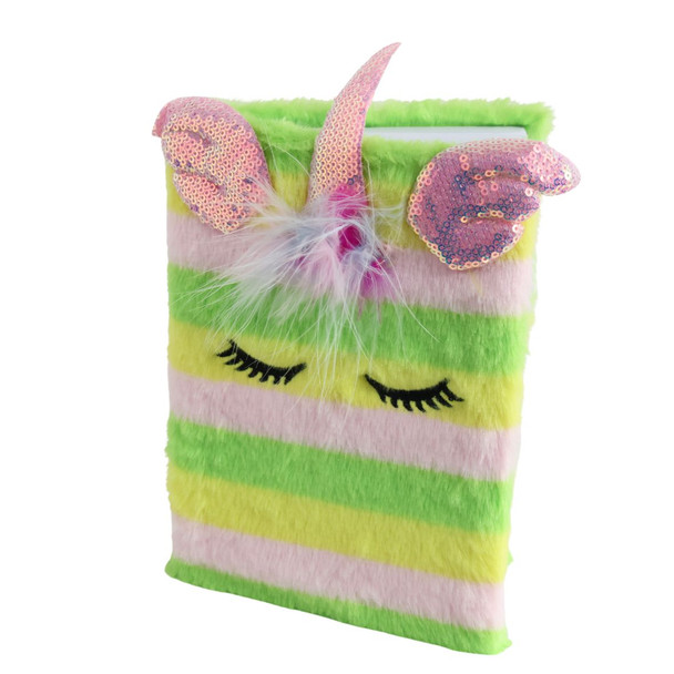 HH11A Furry Unicorn Sequin A5 Notebook - Green & Pink Stripes