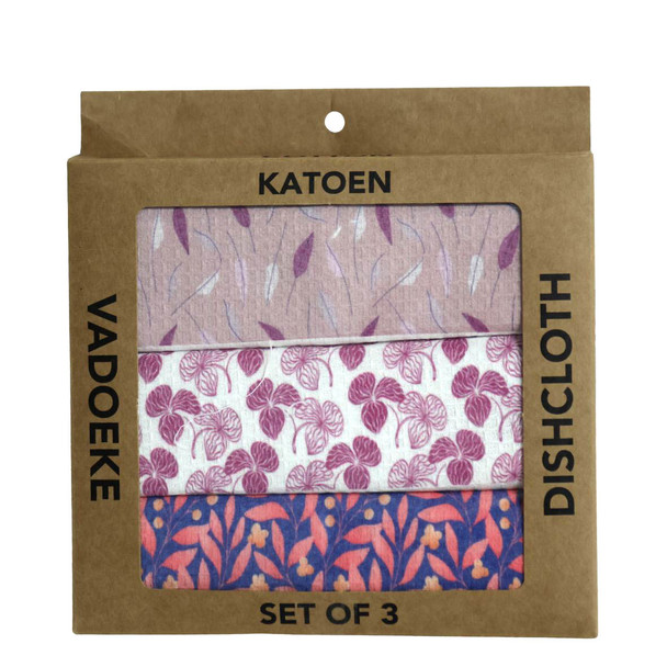 DCBOX53 Dishcloth Box (Set 3) - Purple Leaves and Flowers