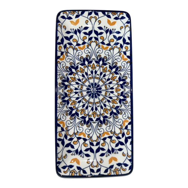 ZY033J Ceramic Rectangle Plate - Indigo Floral Mandala