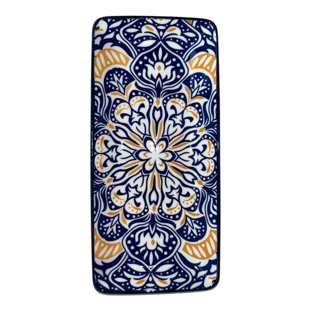 ZY033K Ceramic Rectangle Plate - Blue Ochre Pattern