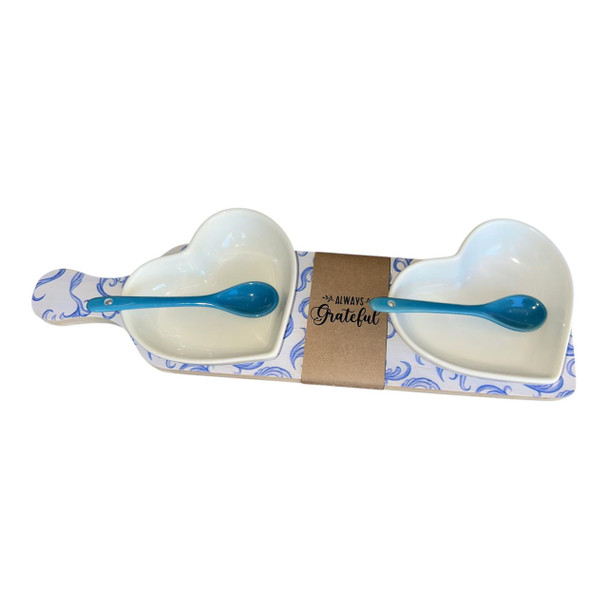 WPLAT7 Wooden Platter With Handle - Blue Pattern Heart