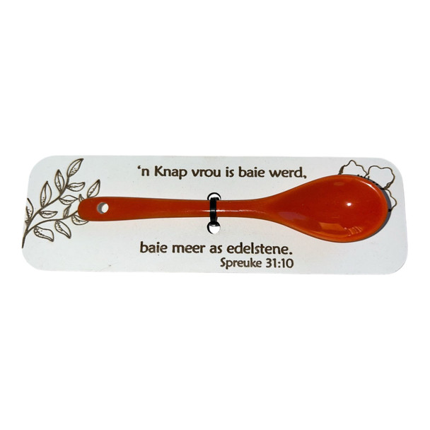 SPN03 Ceramic Spoon On Wooden Board - Orange Spreuke 31:10