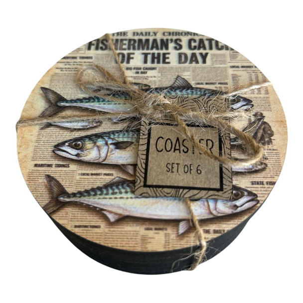COAST8 Wooden Coaster Set of 6 – Fisherman's Catch – Vintage Newspaper
