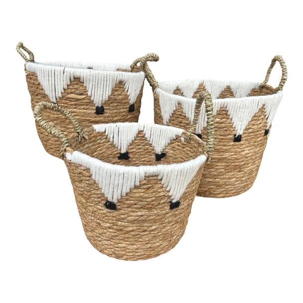 GY2512 Woven Basket Set of 3 - Natural & White Macramé Detail