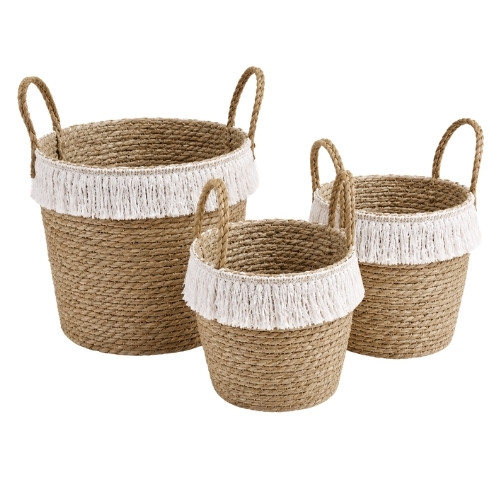 GY2402 Woven Storage Basket Set of 3 with White Fringe