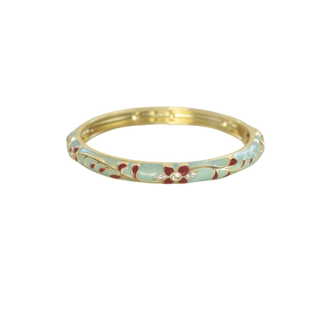S2025177A Hinged Enamel Bangle Bracelet – Mint Green & Burgundy Floral