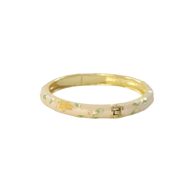 S2024138D Hinged Enamel Bangle Bracelet – Cream with Golden Floral Design