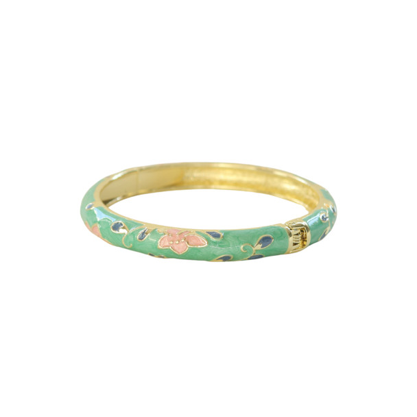 S2024138E Hinged Enamel Bangle Bracelet – Mint Green with Pink Floral Design