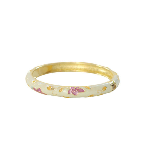 S2024138G Hinged Enamel Bangle Bracelet – Ivory with Purple Floral Design