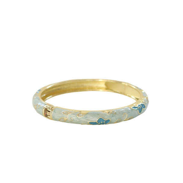S2024138H Hinged Enamel Bangle Bracelet – Pearl Blue with Blue Floral Design