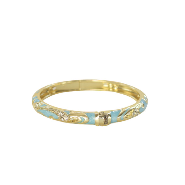 S2024139F Hinged Enamel Bangle Bracelet – Sky Blue Swirl with Crystal Accents