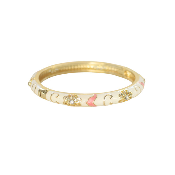 S2024177A Hinged Enamel Bangle Bracelet – Ivory & Pink Scroll
