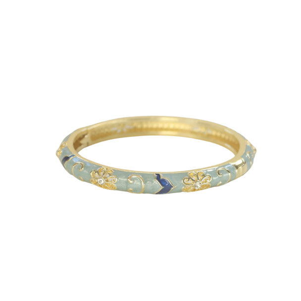 S2024177D Hinged Enamel Bangle Bracelet – Sky Blue & Navy Scroll