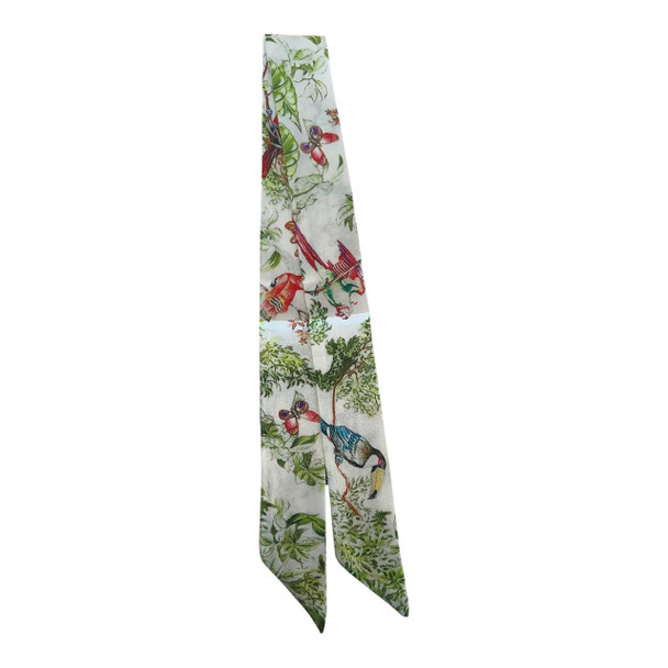 HH2601C Thin Twilly Scarf – Tropical Birds & Green Botanical