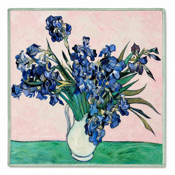 HH2608E Polyester Square Scarf – Blue Irises in White Vase