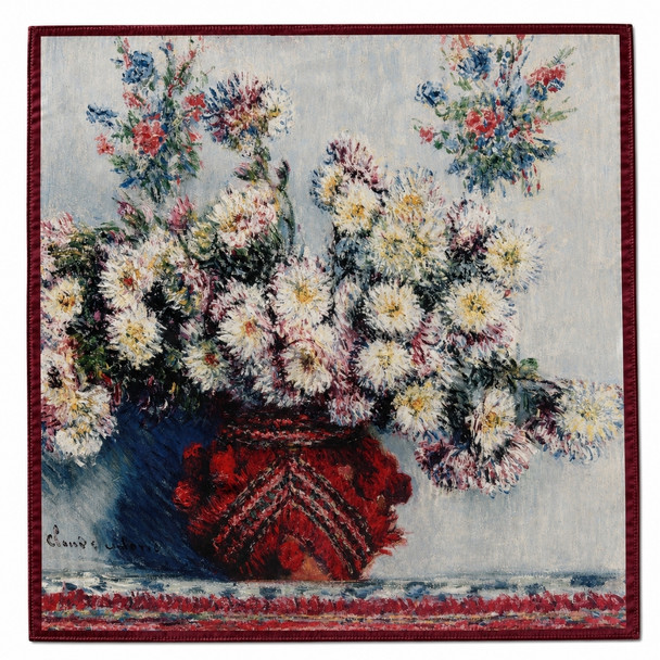HH2608N Polyester Square Scarf – White Chrysanthemums in Red Vase