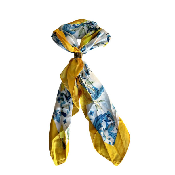 YH2601I Square Polyester Scarf – Blue Floral & Yellow Border