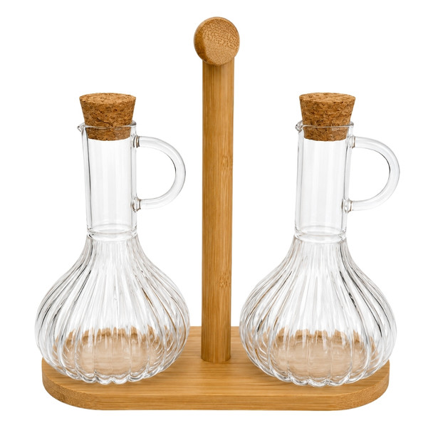 SYB099 Clear Glass Oil & Vinegar Dispenser Set – Bamboo Stand