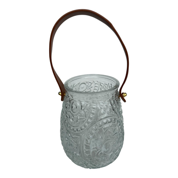 GVX027 Embossed Glass Candle Holder with Leather Handle