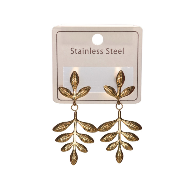 MLD6 Stainless Steel Gold Botanical Leaf Drop Earrings