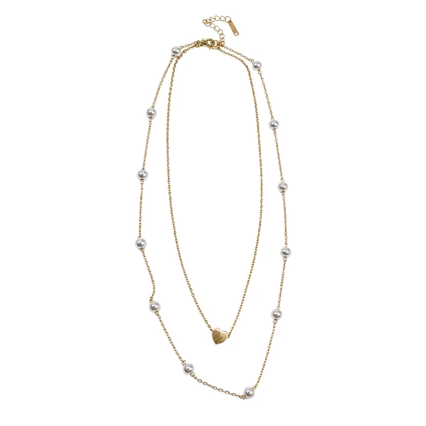 MLD57 Gold-Tone Layered Pearl & Heart Necklace