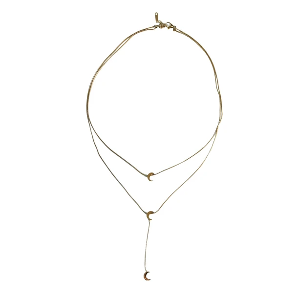 MLD70 Gold-Tone Layered Triple Crescent Moon Drop Necklace
