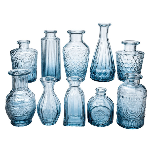 X0503B Vintage Blue Embossed Glass Bud Vase Collection No.2 (Set of 10)