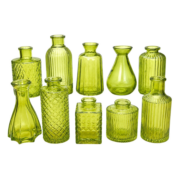 X0504A Vintage Olive Green Glass Bud Vase Collection No.1 (Set of 10)
