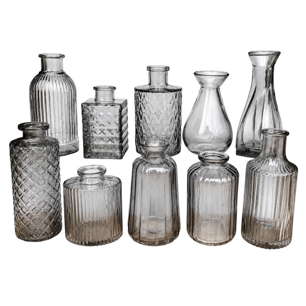 X0505A Vintage Smoke Grey Glass Bud Vase Collection No.1 (Set of 10)