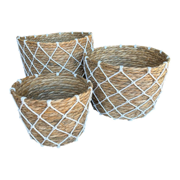 BSWM11 Natural Woven Storage Basket Set of 3 – White Rope Detail