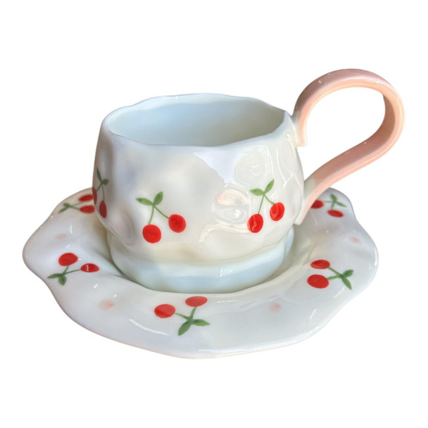 CCP1382A Ceramic Pink Ear Cup & Saucer Set – Cherries