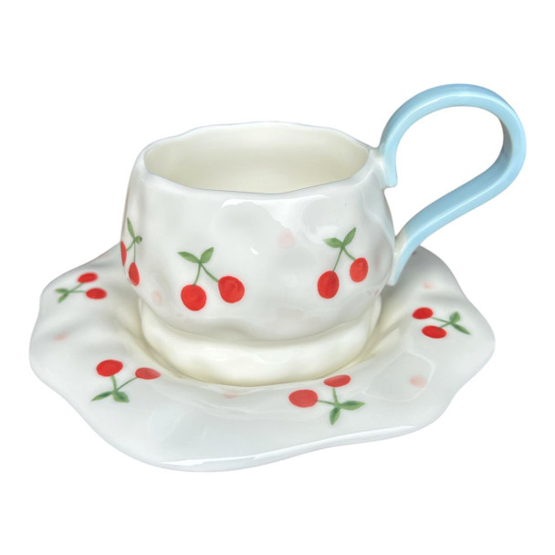 CCP1382B Ceramic Blue Ear Cup & Saucer Set – Cherries