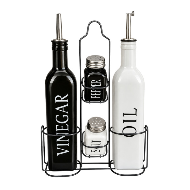 SBT1 White And Black Oil & Vinegar Set with Stand
