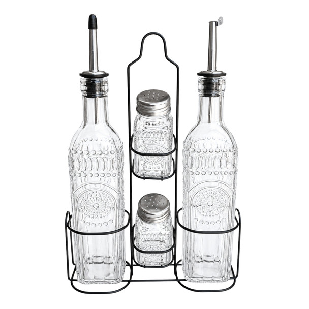 SBT2 Clear Glass Vintage Glass Oil & Vinegar Set with Stand