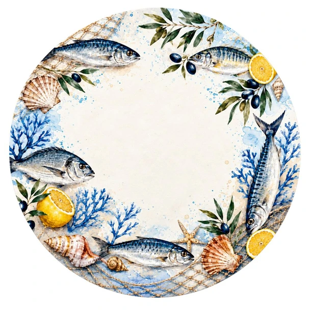 DISPR24 Disposable Round Placemat 24Pc - Coastal Fish & Lemon