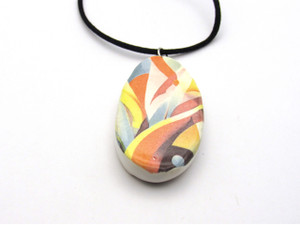 Handcrafted  ceramic pottery clay  necklace abstract orange, yellow, black, white Handcrafted  ceramic pottery clay  necklace abstract orange, yellow, black, white