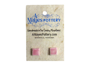 A set of Small Pink Square Ceramic Post Stud Earrings Handmade in USA. On an A Mayes Pottery card. A set of small pink square ceramic post stud earrings Handmade in USA. A set of Small Pink Square Ceramic Post Stud Earrings Handmade in USA. On an A Mayes Pottery card. A set of small pink square ceramic post stud earrings Handmade in USA.