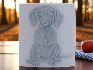 Smooth Haired Dachshund dog  Full Body, clay pottery stamp for potters to add texture image to ceramics, On a wood table with a sunny background. Smooth Haired Dachshund dog  Full Body, clay pottery stamp for potters to add texture image to ceramics, On a wood table with a sunny background.