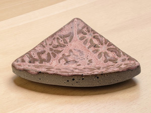 Handcrafted Ceramic Pottery Trinket Bowl or Jewelry Dish Pink Geometric Triangle on table
