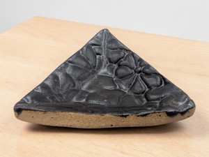 Handcrafted Ceramic Pottery Trinket Bowl or Jewelry Dish Black Triangle on table