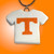 A handmade TN Vols Power T Ceramic Tshirt shaped pendant. Tshirt is white with the orange Power T. On a black cord necklace.